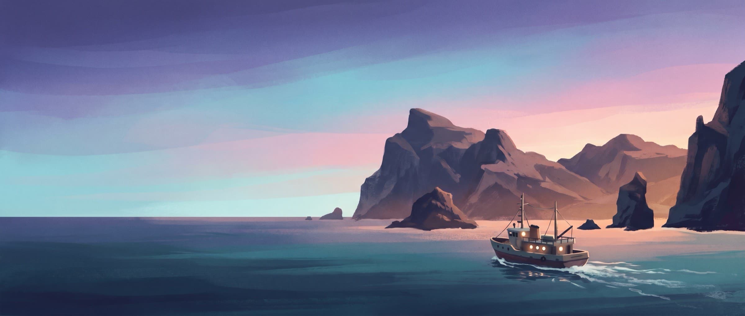 Painterly dusk illustration of a small expedition boat approaching a dramatic island coastline