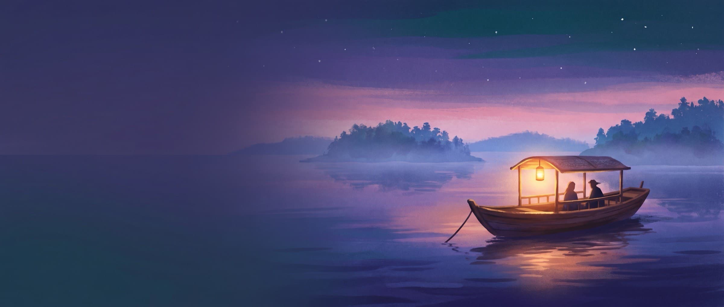 Painterly twilight illustration of a lantern-lit boat under a star-scattered sky