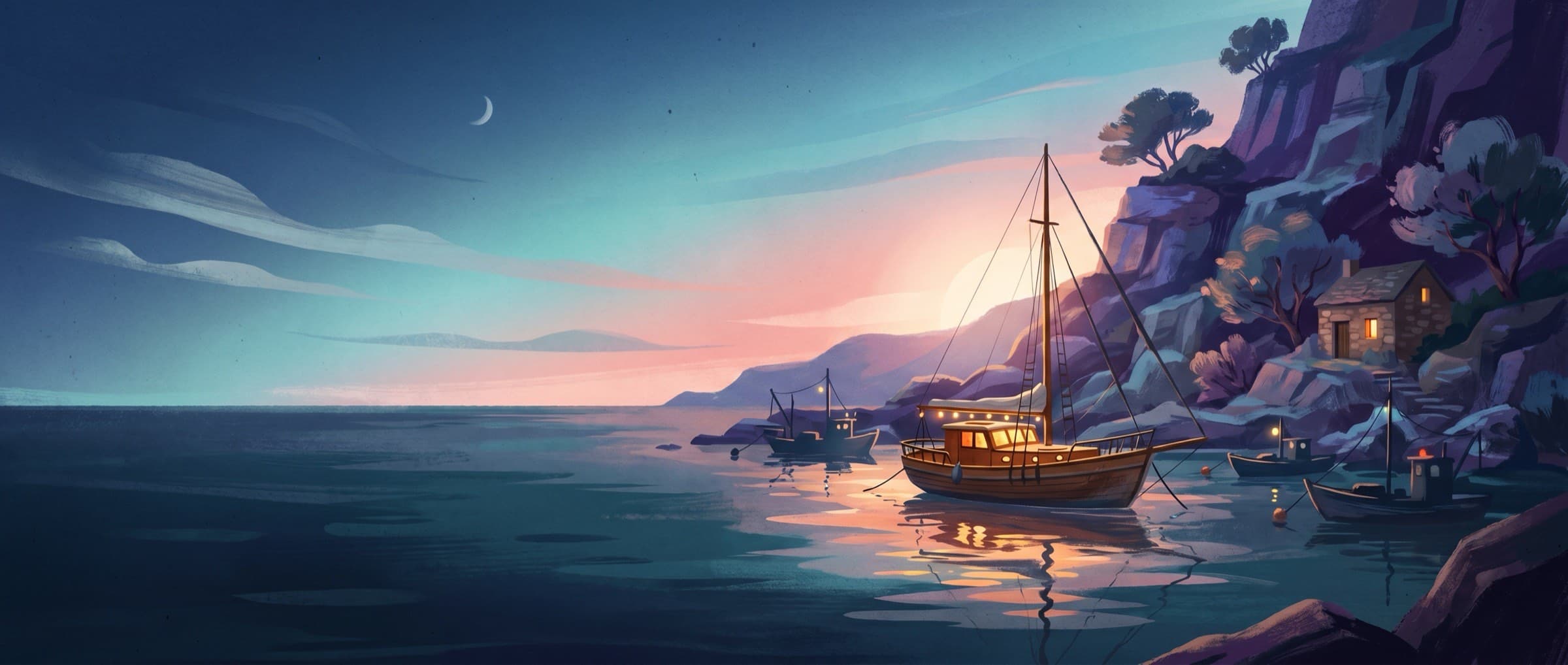 Painterly dusk illustration of a welcoming harbor cove with warmly lit boats