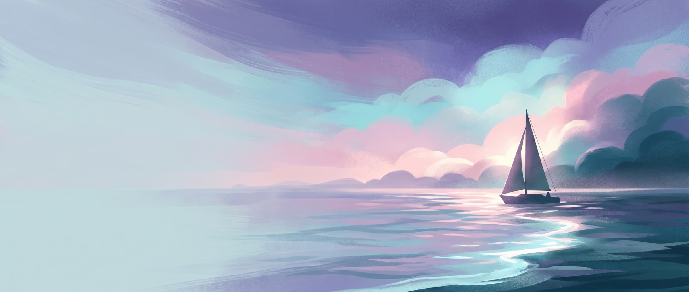 Painterly dawn illustration of a serene open ocean with a single sailboat