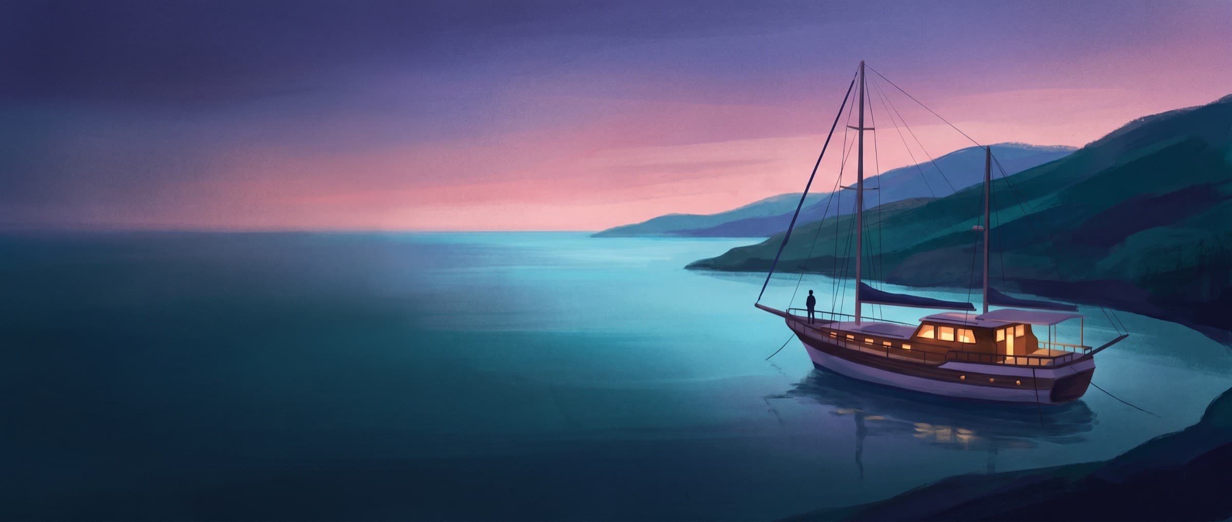 Painterly dusk illustration of a liveaboard at anchor in a quiet cove with a lone figure on deck