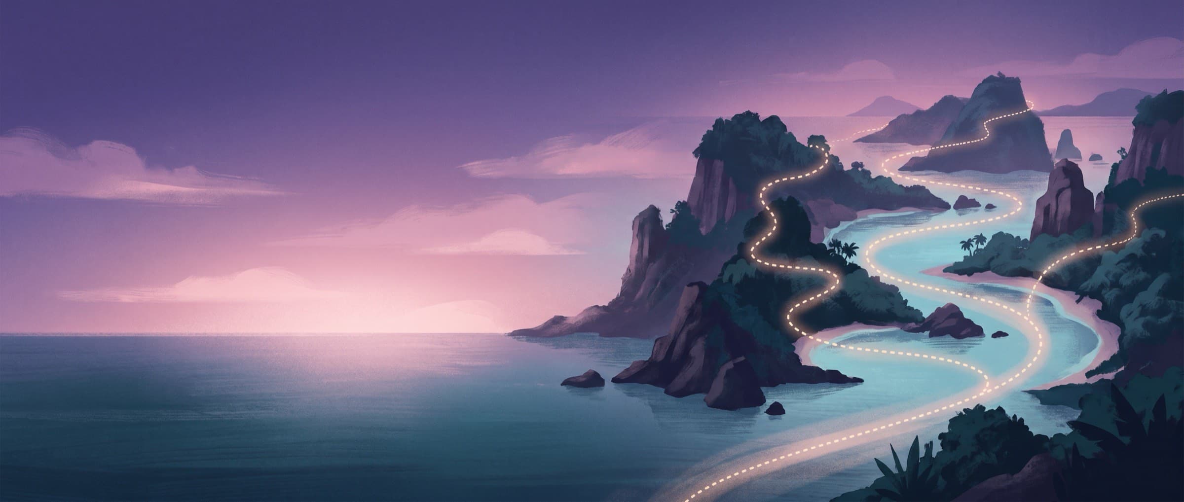 Painterly dusk illustration of an archipelago with a glowing charted route winding between islands