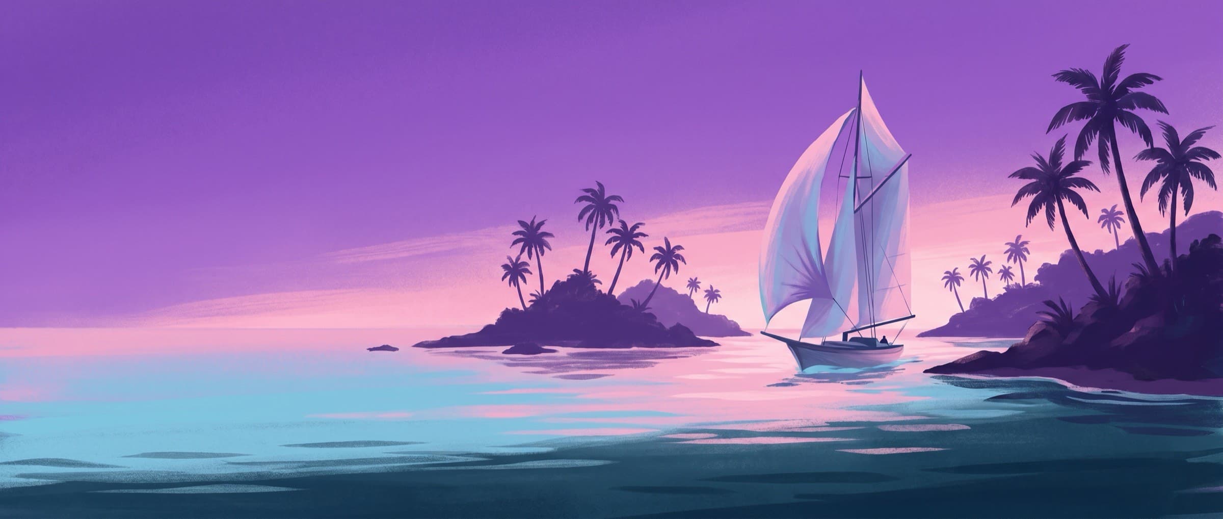 Painterly dusk illustration of a sailboat threading a chain of palm-fringed islands