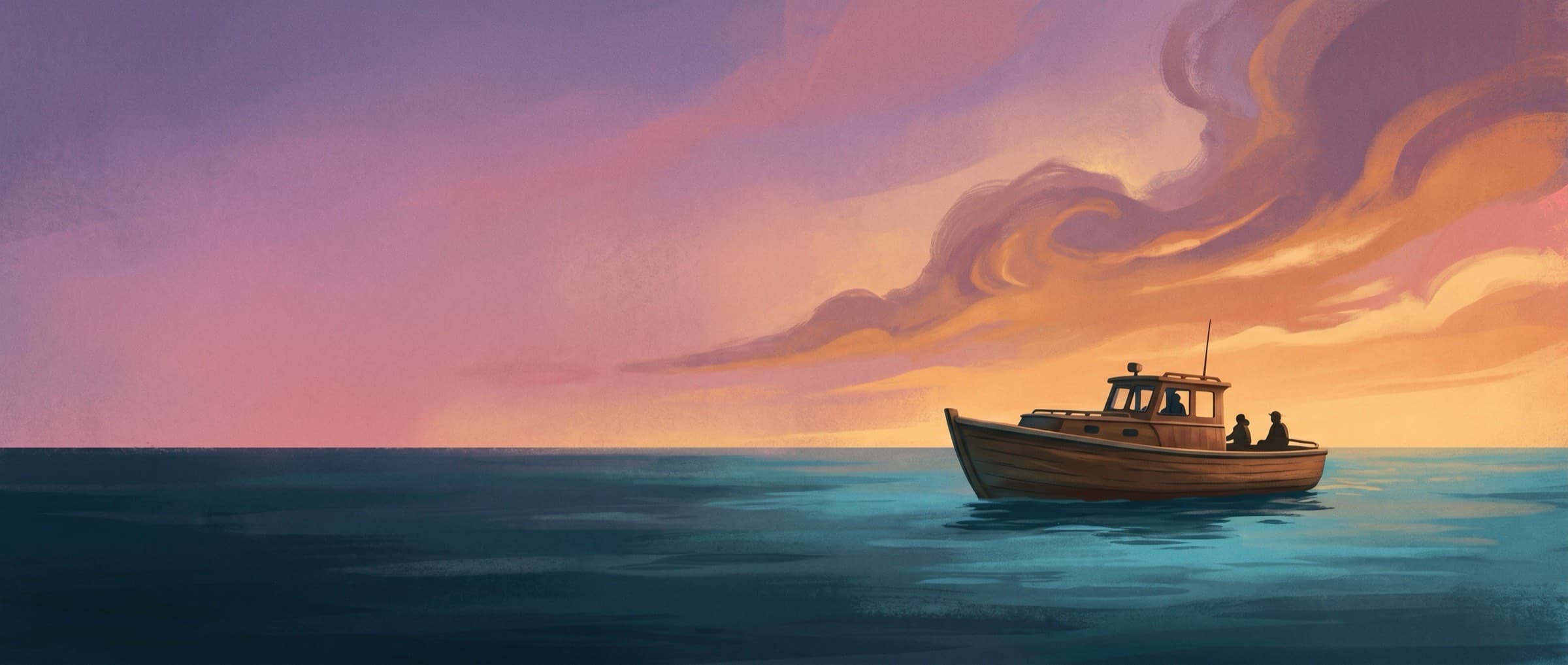 Painterly sunset illustration of a traveler's boat beneath a radiant golden-violet sky