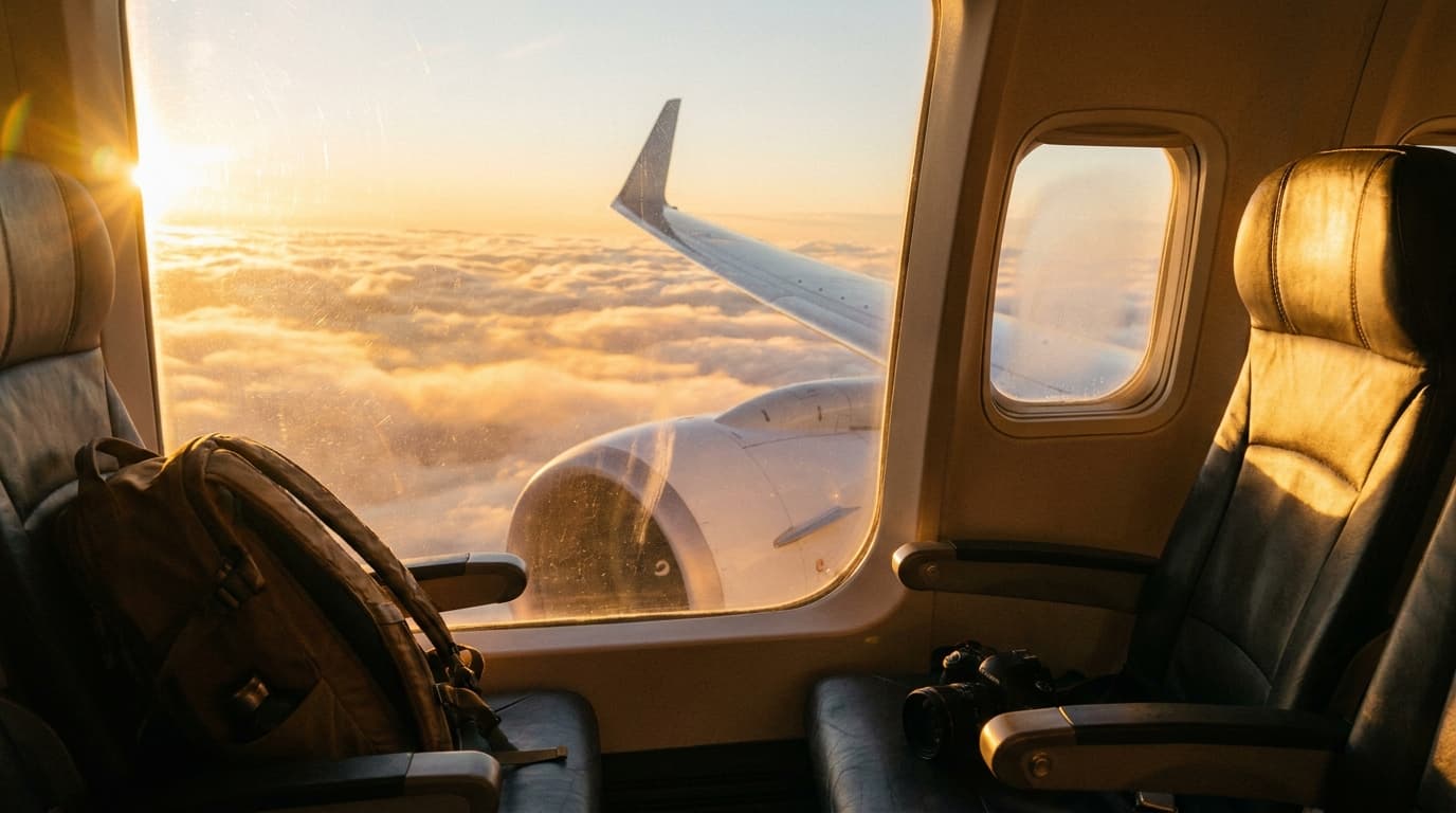 Airplane wing above clouds at sunrise