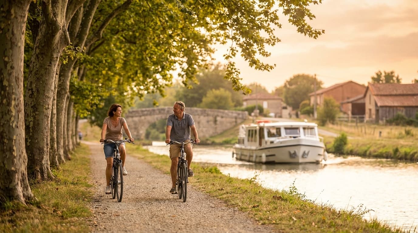 Cyclists riding along a tree-lined European canal beside a river cruise ship