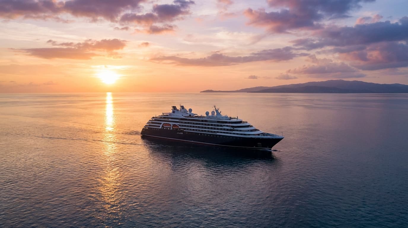 Cruise ship on open ocean at sunset