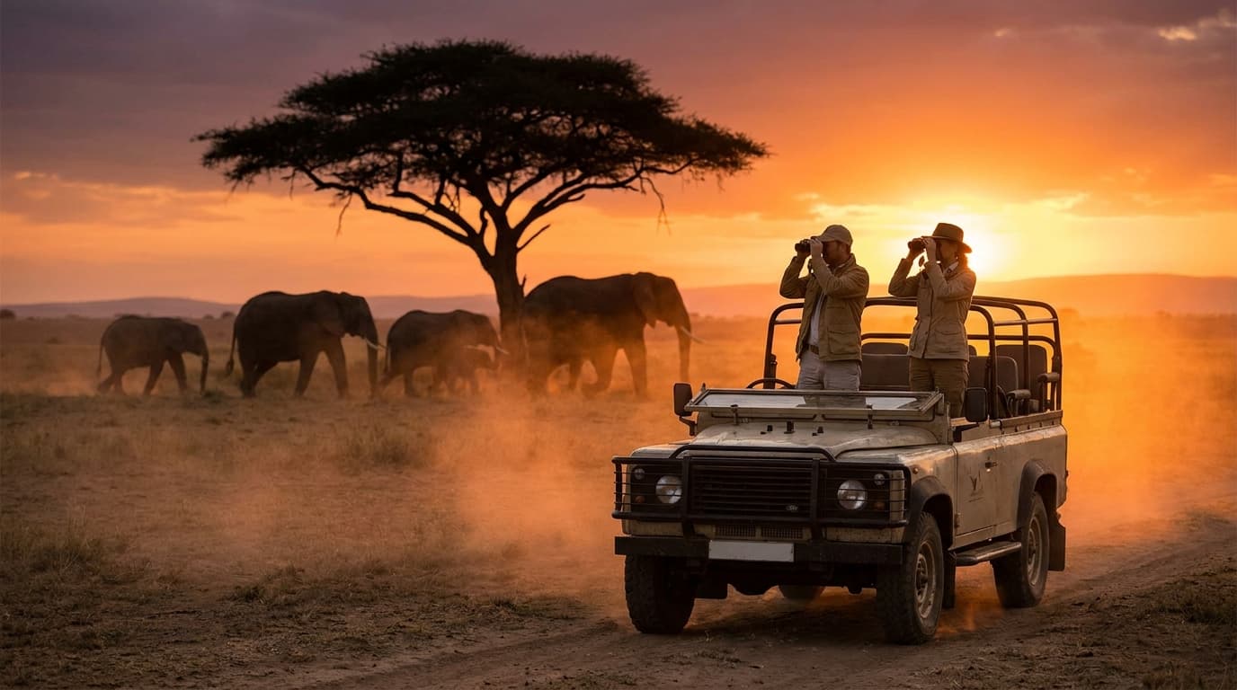 Safari vehicle on the African savanna at golden hour with elephants in the distance