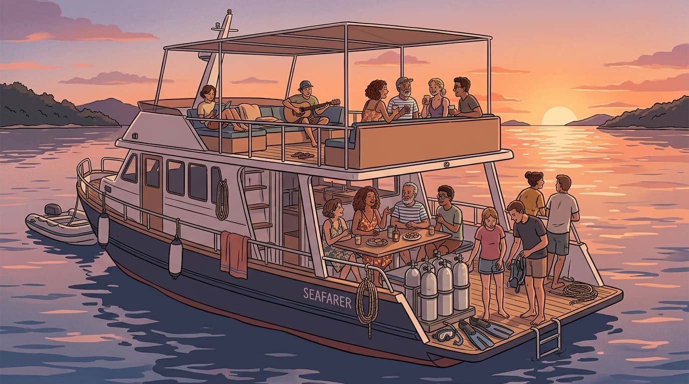 Modern editorial illustration of diverse travelers relaxing on a liveaboard dive boat at sunset, capturing the intimate adventure vibe