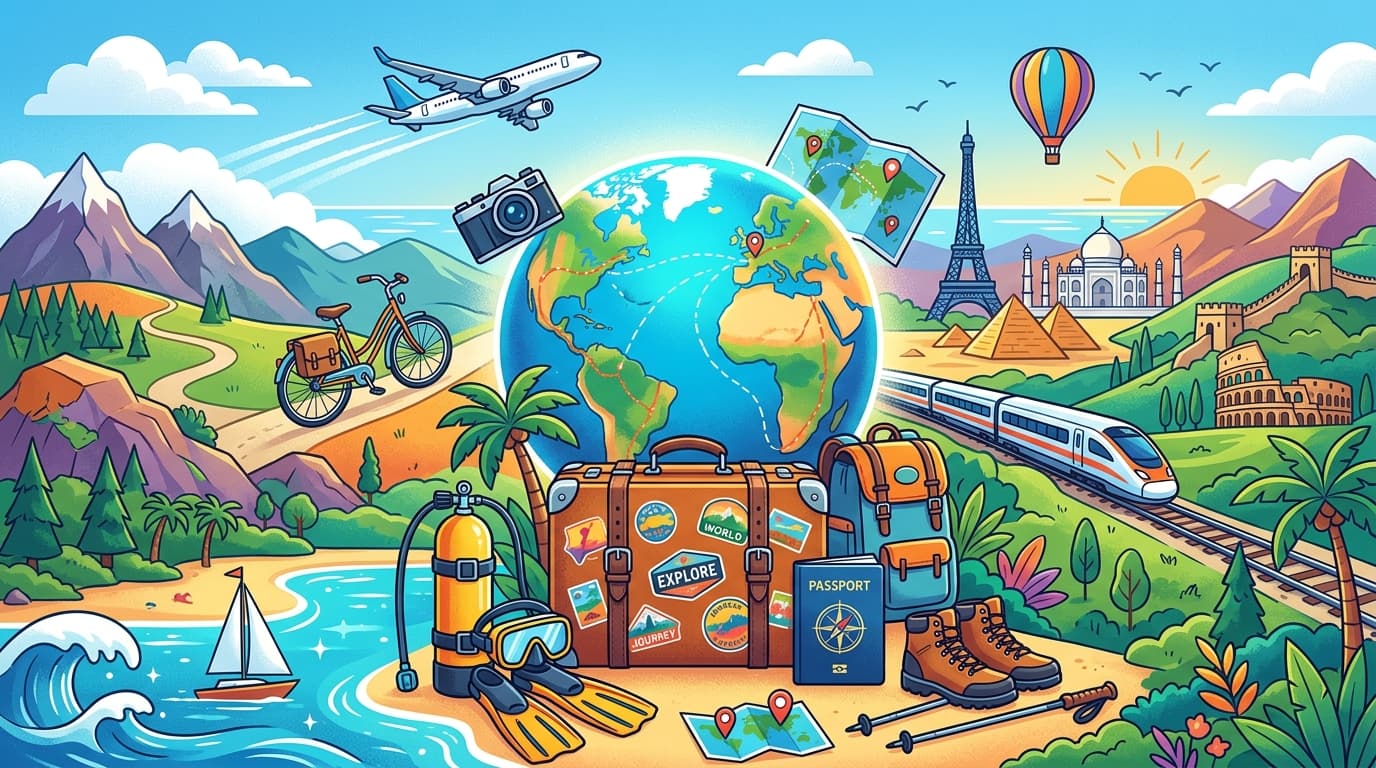 Illustration of travel symbols like a globe and suitcase, embodying the spirit of adventure.