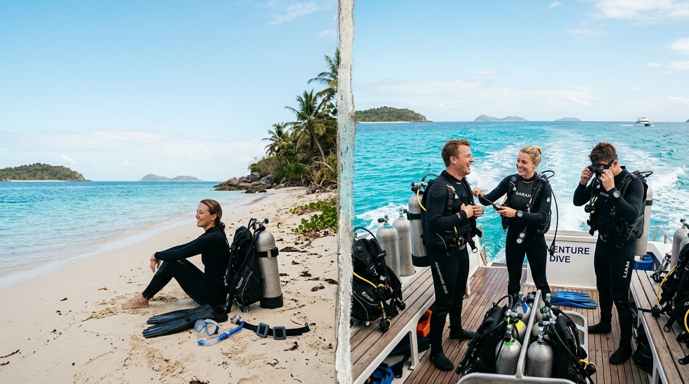 Split scene of solo diver on beach and small group of divers preparing on boat in tropical setting