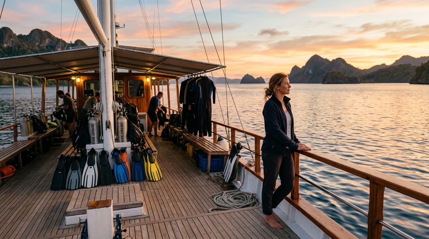 Thoughtful traveler on liveaboard scuba boat deck overlooking calm ocean at sunset