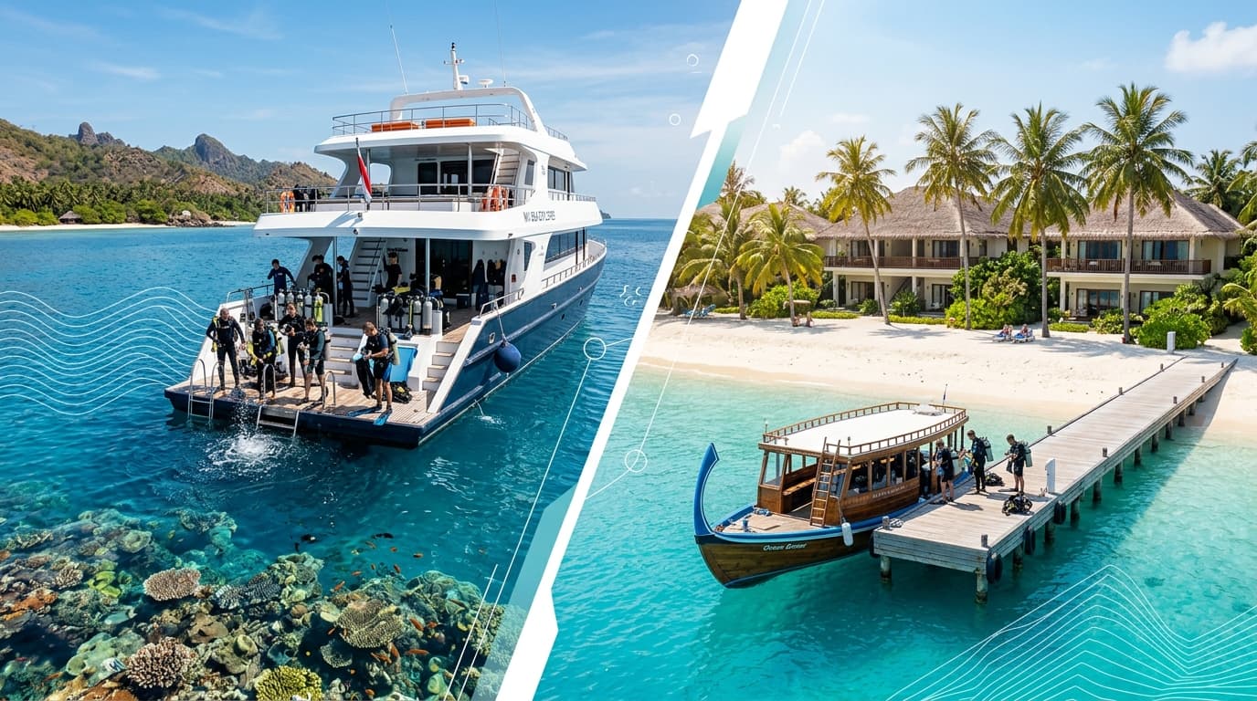 Split hero image of liveaboard dive boat near coral reef and beachfront resort with dive boat, illustrating liveaboard vs land-based dive trips