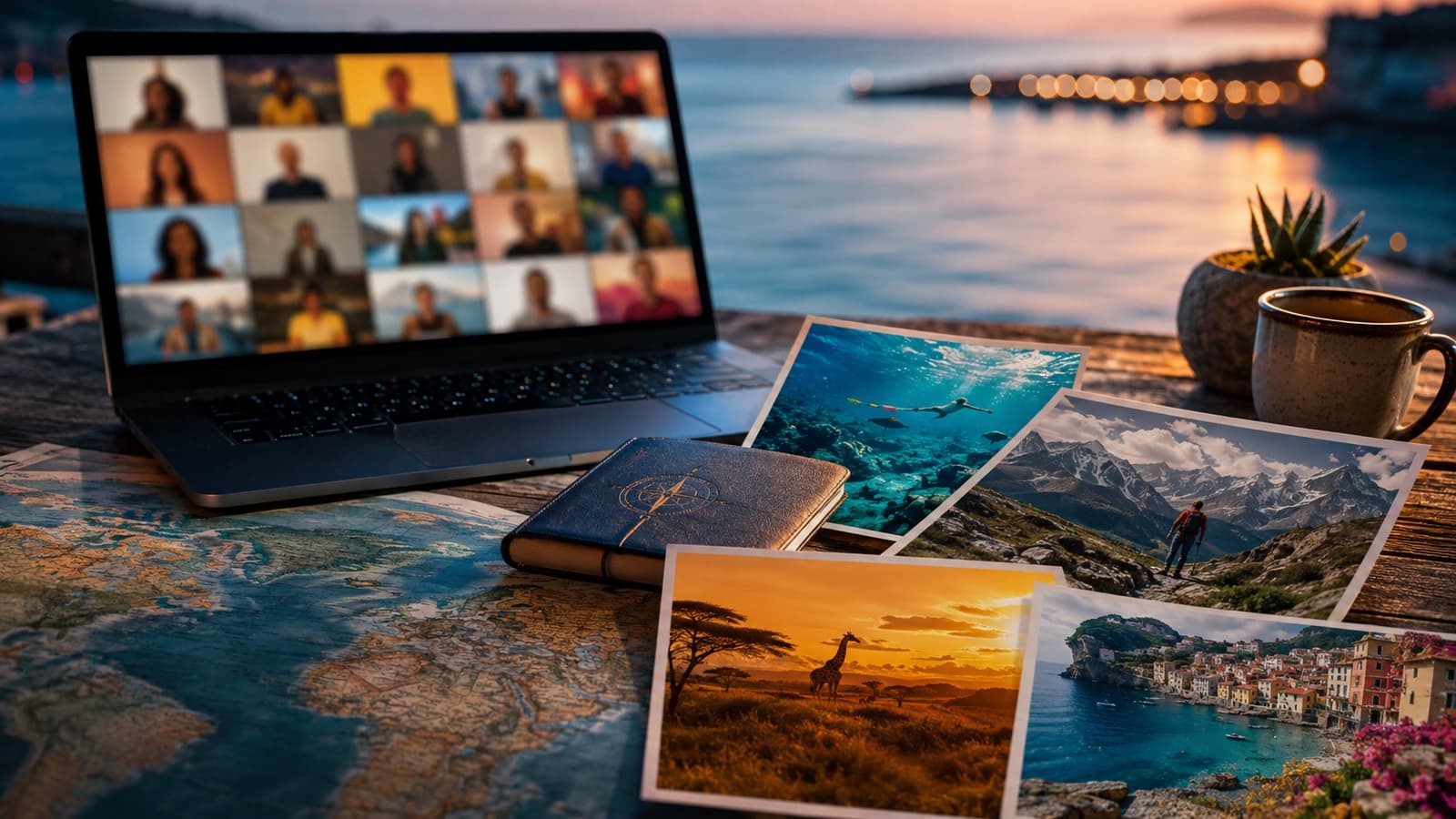 Editorial travel-planning scene with a webinar, world map, and photographs representing diving, trekking, wildlife, and Italy