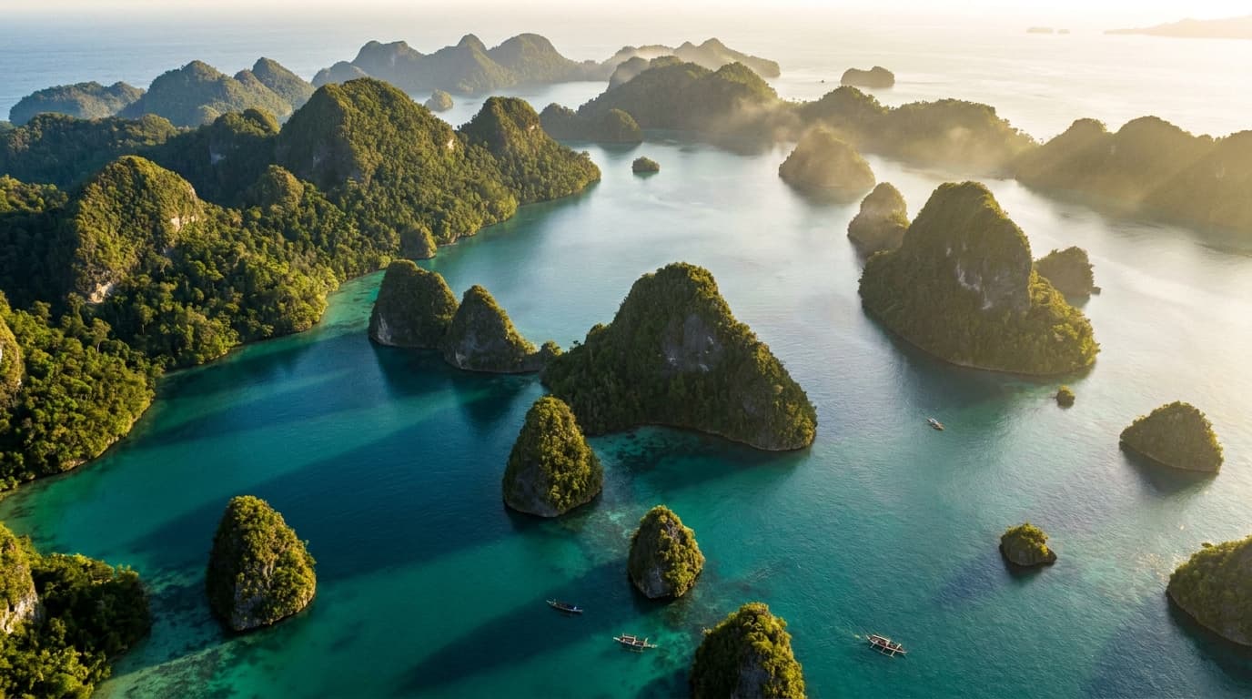 Wooden phinisi liveaboard at anchor in Raja Ampat at golden hour